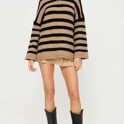 Vibrant Striped Women's Knit Pullover Sweater with Fun Collar Detail