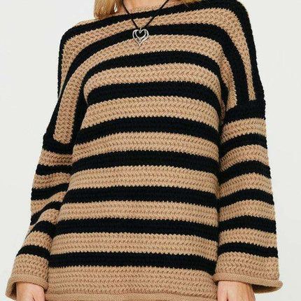 Vibrant Striped Women's Knit Pullover Sweater with Fun Collar Detail