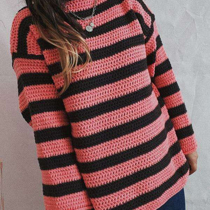 Vibrant Striped Women's Knit Pullover Sweater with Fun Collar Detail