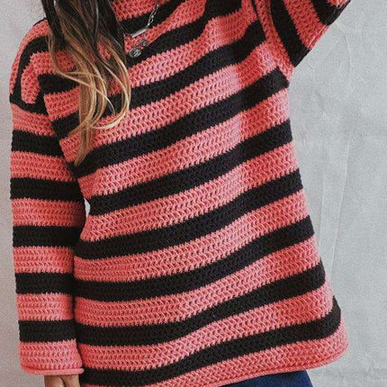Vibrant Striped Women's Knit Pullover Sweater with Fun Collar Detail