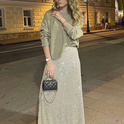 Sparkling Sequin Ensemble: Women's Long Sleeve Top and Flowing Maxi Skirt Set