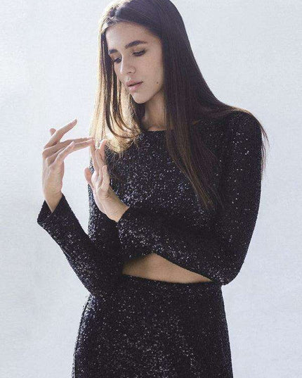 Sparkling Sequin Ensemble: Women's Long Sleeve Top and Flowing Maxi Skirt Set