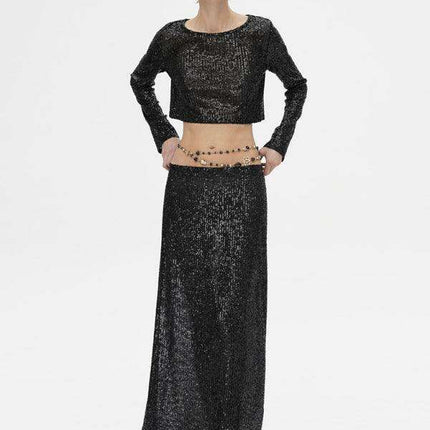 Sparkling Sequin Ensemble: Women's Long Sleeve Top and Flowing Maxi Skirt Set