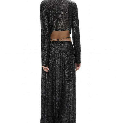 Sparkling Sequin Ensemble: Women's Long Sleeve Top and Flowing Maxi Skirt Set