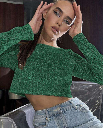 Sparkling Sequin Ensemble: Women's Long Sleeve Top and Flowing Maxi Skirt Set