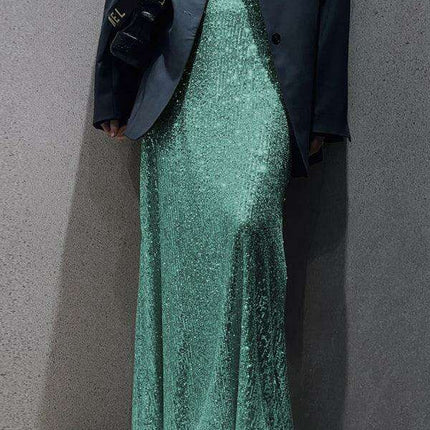 Sparkling Sequin Ensemble: Women's Long Sleeve Top and Flowing Maxi Skirt Set