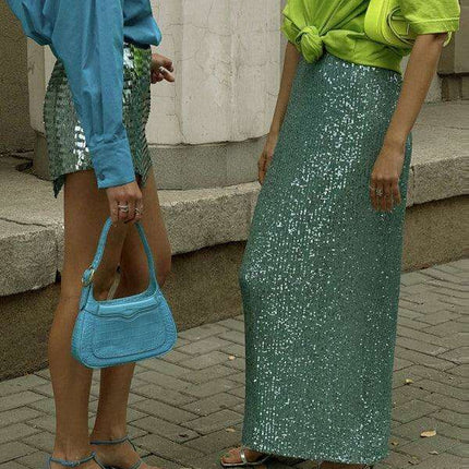 Sparkling Sequin Ensemble: Women's Long Sleeve Top and Flowing Maxi Skirt Set