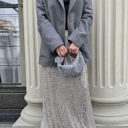 Sparkling Sequin Ensemble: Women's Long Sleeve Top and Flowing Maxi Skirt Set