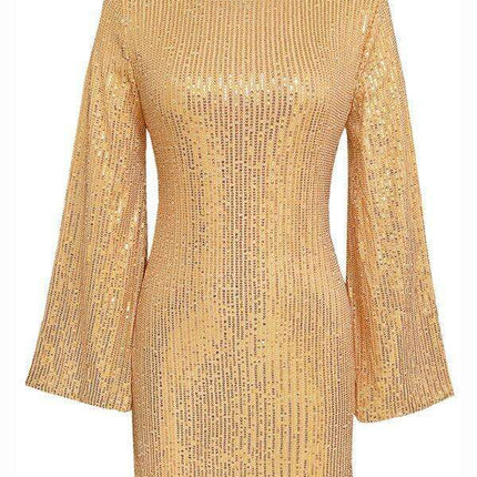 Shimmering Sequin Drop Shoulder Bell Sleeve Dress for Effortless Elegance