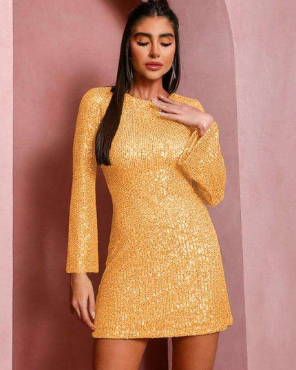 Shimmering Sequin Drop Shoulder Bell Sleeve Dress for Effortless Elegance