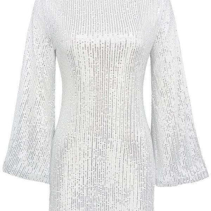 Shimmering Sequin Drop Shoulder Bell Sleeve Dress for Effortless Elegance