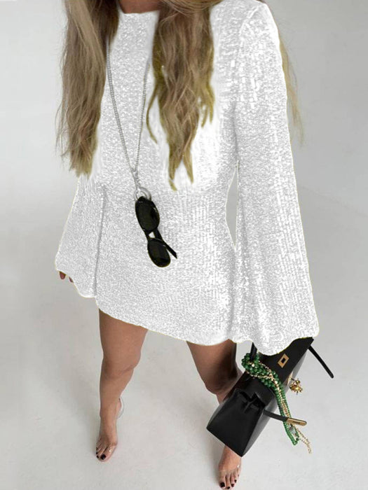 Sequin Adorned Drop Shoulder Bell Sleeve Dress