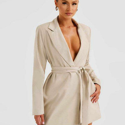 Elegant Waist-Tie Lapel Suit Dress - A Stylish Must-Have for Your Closet