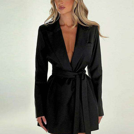 Elegant Waist-Tie Lapel Suit Dress - A Stylish Must-Have for Your Closet