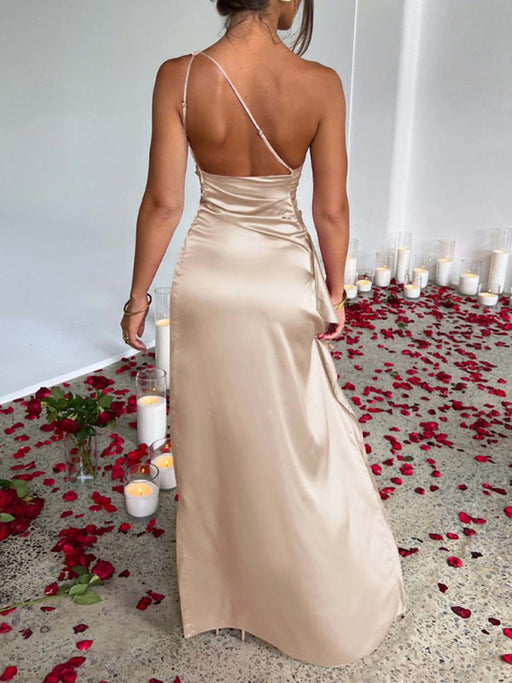 Elegant One-Shoulder Satin Slit Dress - Women's Stylish Apparel for Spring and Summer Events