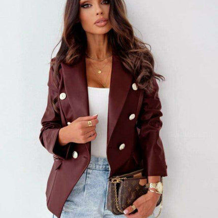 Vintage Chic: Women's PU Leather Double-Breasted Suit for Fall-Winter