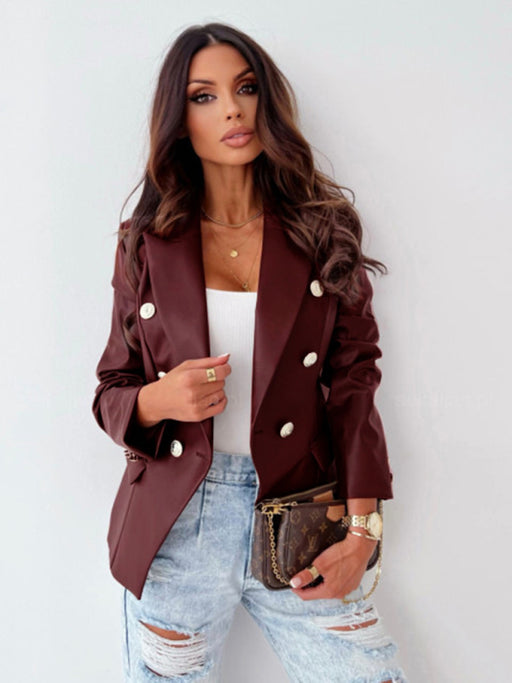 Vintage-Inspired Women's Double-Breasted PU Leather Suit for Autumn-Winter