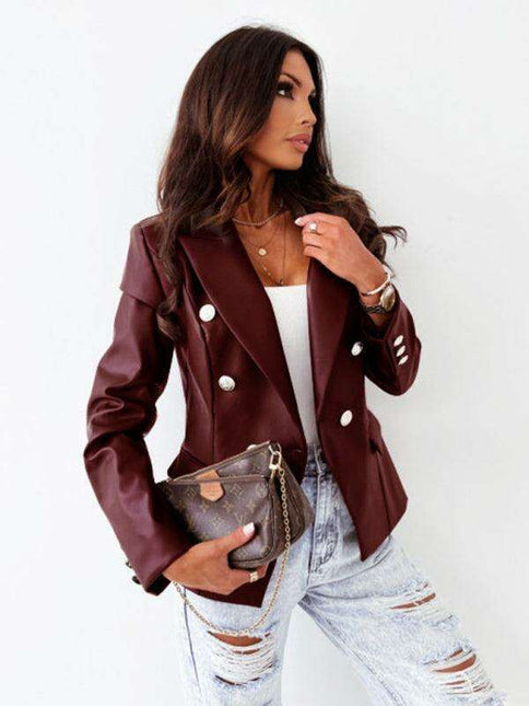 Vintage Chic: Women's PU Leather Double-Breasted Suit for Fall-Winter