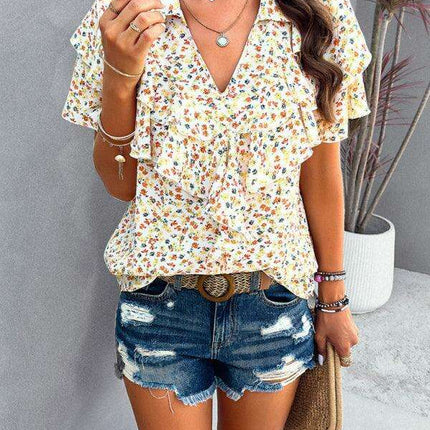 Wood-Embellished Floral Print Women's Blouse