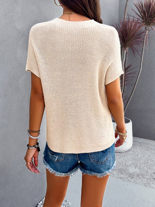 Chic Solid Color Turtleneck Top with Short Sleeves for Women