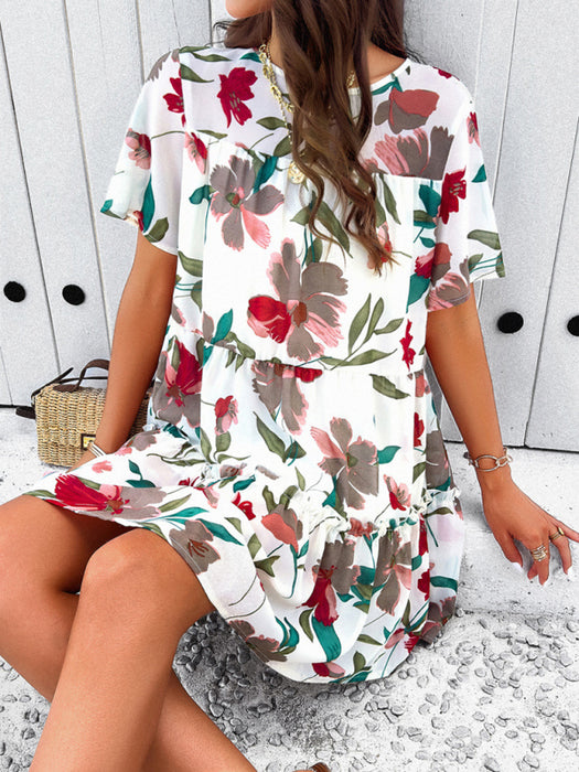 Floral Fantasy Short-Sleeve Dress for Effortless Elegance