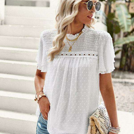 Elegant Jacquard Short Sleeve Blouse - Stylish Women's Office Attire