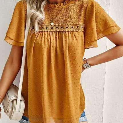 Elegant Jacquard Short Sleeve Blouse - Stylish Women's Office Attire