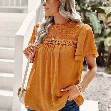 Elegant Jacquard Short Sleeve Blouse - Stylish Women's Office Attire