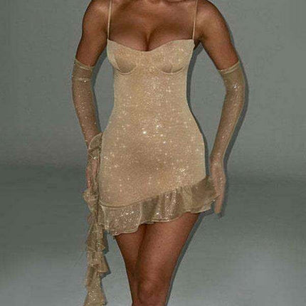 Elegant Ruffled Shimmer Dress with Graceful Sleeves for Women