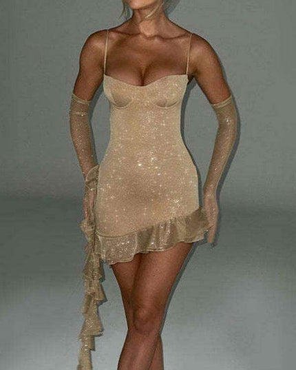 Elegant Ruffled Shimmer Dress with Graceful Sleeves for Women