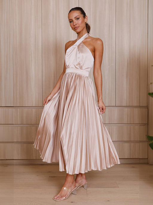 Elegant Halter Neck Pleated Dress with Flowy Dropped Sleeves for Women