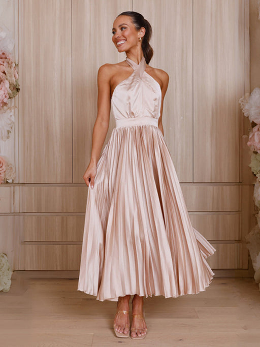 Sophisticated Halter Neck Pleated Dress with Flowy Dropped Sleeves for Women