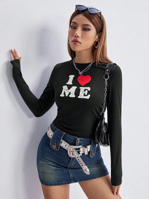 I Love Me Retro Letter Print Tee: Casual Chic Long Sleeve Top