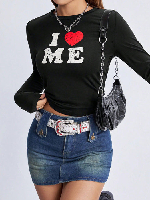 I Love Me Retro Letter Print Tee: Casual Chic Long Sleeve Top