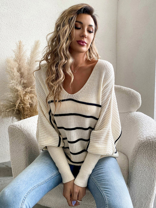 Classic Women's Striped V-Neck Sweater - Cozy Knitwear for Timeless Elegance