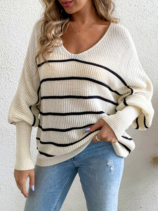 Classic Women's Striped V-Neck Sweater - Cozy Knitwear for Timeless Elegance