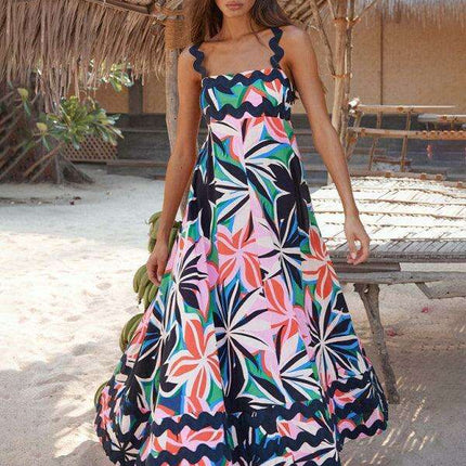 Suspender Print Maxi Dress for Effortless Spring and Summer Style