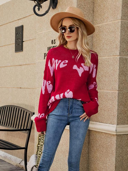 Charming Women's Letter Jacquard Knit Sweater for a Cozy Valentine's Day