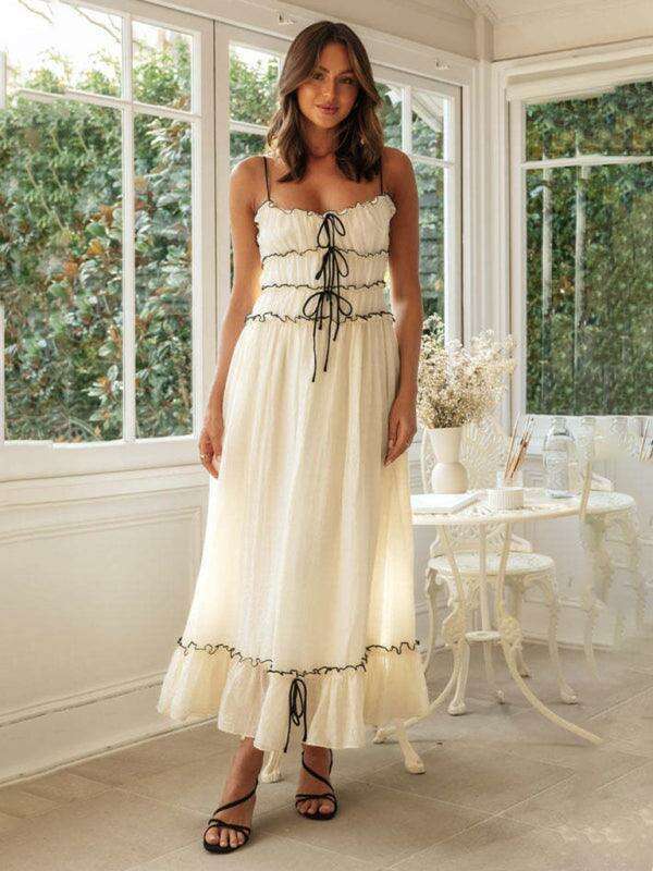 Elegant Lace-Trimmed High-Waisted Flare Dress for Women