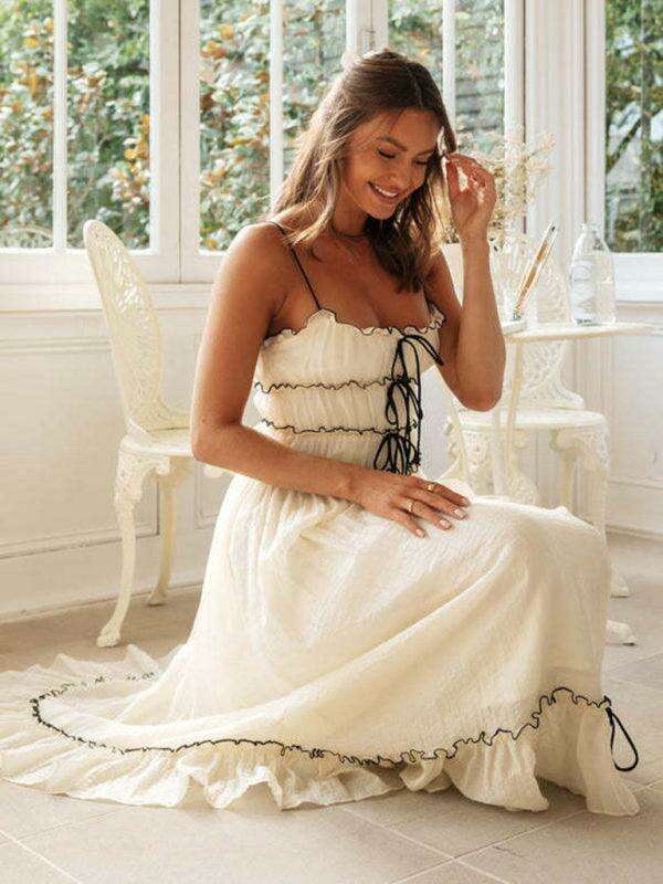 Elegant Lace-Trimmed High-Waisted Flare Dress for Women