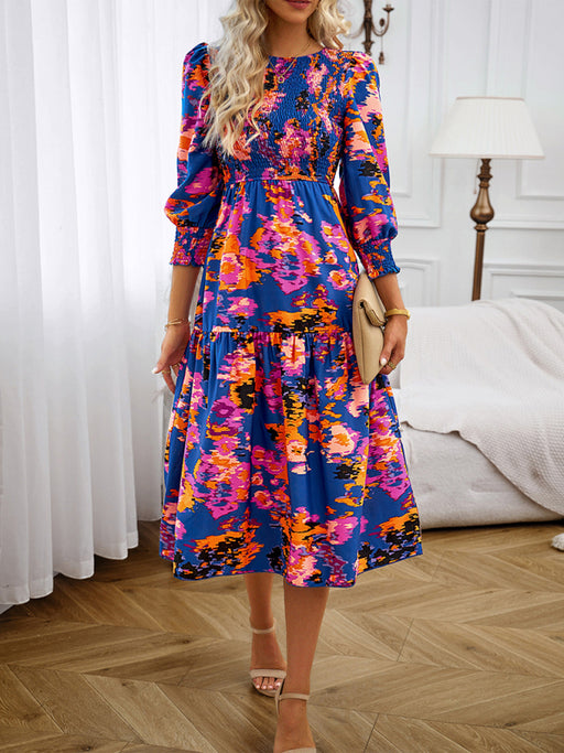 Chic Blossom Patterned Round Neck Dress for Women's Professional Attire