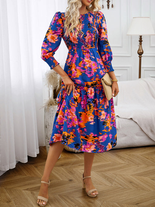 Elegant Floral Print Round Neck Dress for Women's Workwear