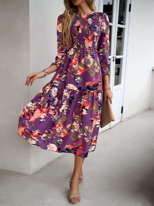 Elegant Floral Print Round Neck Dress for Women's Workwear
