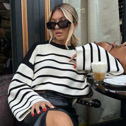 Chic Striped Knit Pullover Sweater for Women - Effortless Autumn Style