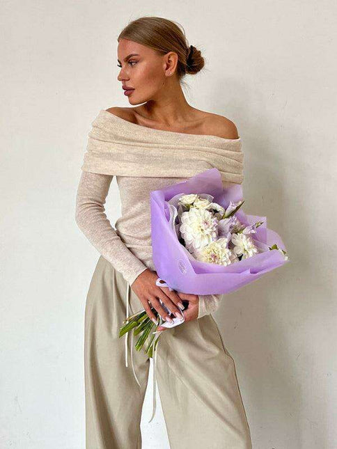 Sleek Contour Neckline Fitted Long-Sleeve Knit Sweater