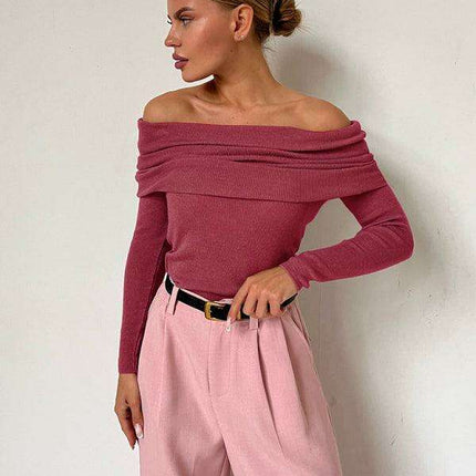 Sleek Contour Neckline Fitted Long-Sleeve Knit Sweater