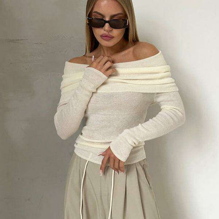Sleek Contour Neckline Fitted Long-Sleeve Knit Sweater
