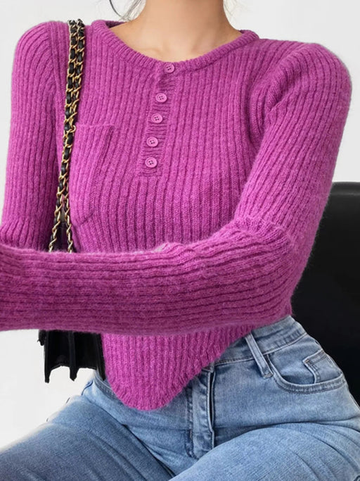 Stylish Women's Cozy Knit Sweater with Curved Hem for Autumn-Winter