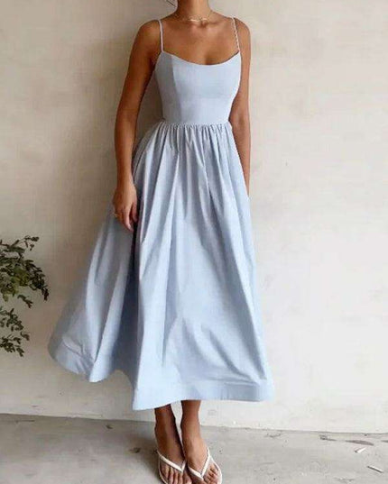 Boho Chic Pleated Suspenders Dress with U-Neck and Dropped Sleeves