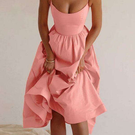 Boho Chic Pleated Suspenders Dress with U-Neck and Dropped Sleeves